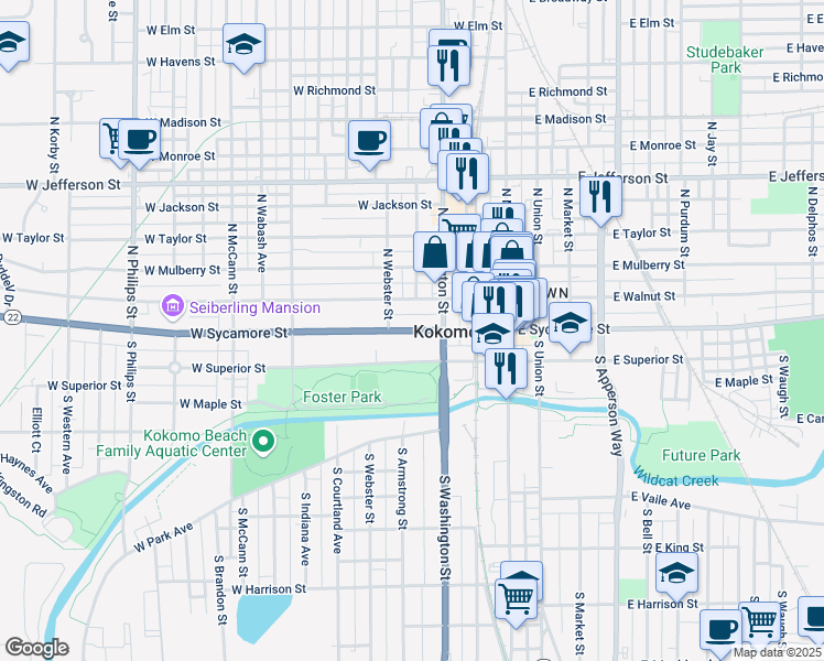 map of restaurants, bars, coffee shops, grocery stores, and more near 404 West Sycamore Street in Kokomo
