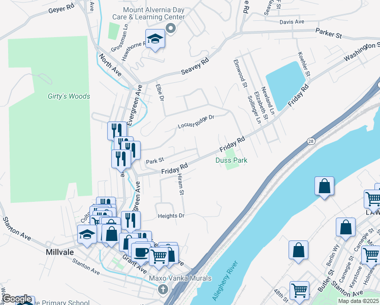 map of restaurants, bars, coffee shops, grocery stores, and more near 220 Park Street in Pittsburgh