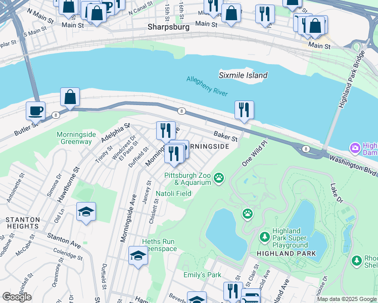map of restaurants, bars, coffee shops, grocery stores, and more near 1849 Chislett Street in Pittsburgh
