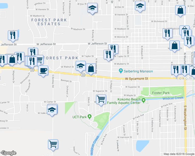 map of restaurants, bars, coffee shops, grocery stores, and more near 1423 West Sycamore Street in Kokomo