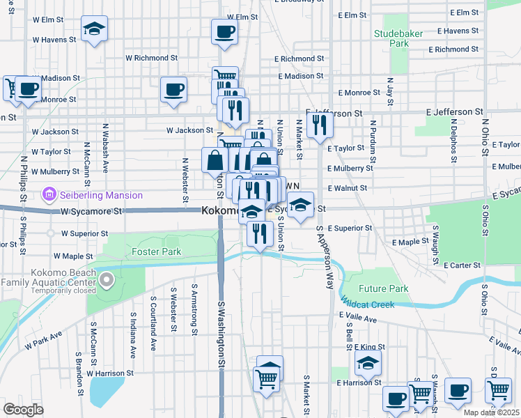 map of restaurants, bars, coffee shops, grocery stores, and more near 101 W Sycamore St in Kokomo