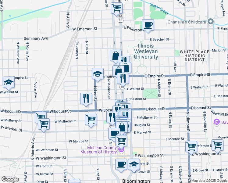 map of restaurants, bars, coffee shops, grocery stores, and more near 814 North Center Street in Bloomington