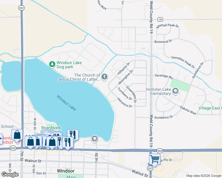 map of restaurants, bars, coffee shops, grocery stores, and more near 510 Moonglow Drive in Windsor