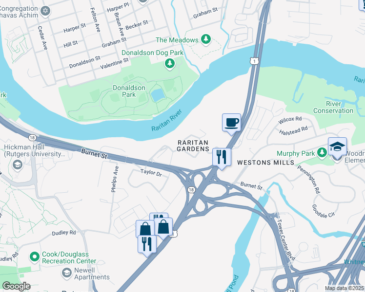 map of restaurants, bars, coffee shops, grocery stores, and more near 113 Chester Circle in New Brunswick