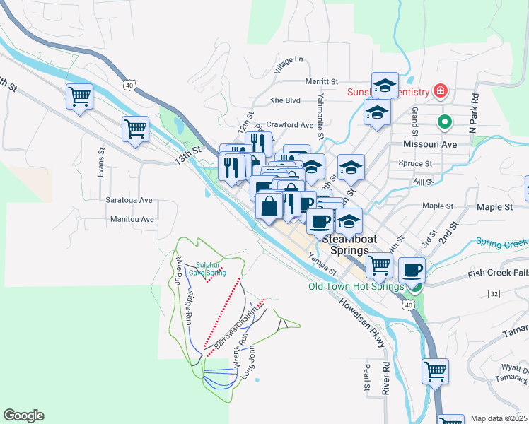 map of restaurants, bars, coffee shops, grocery stores, and more near 4 10th Street in Steamboat Springs