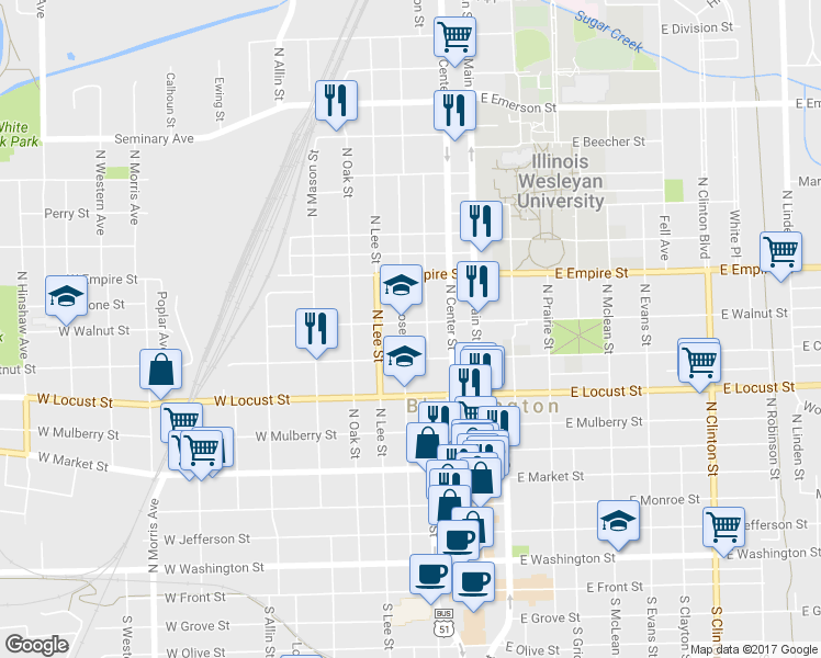 map of restaurants, bars, coffee shops, grocery stores, and more near 811 North Roosevelt Avenue in Bloomington