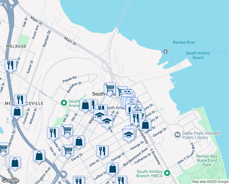 map of restaurants, bars, coffee shops, grocery stores, and more near 156 2nd Street in South Amboy