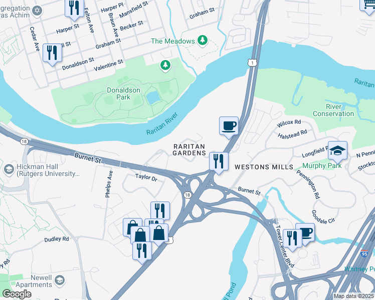 map of restaurants, bars, coffee shops, grocery stores, and more near 113 Chester Circle in New Brunswick