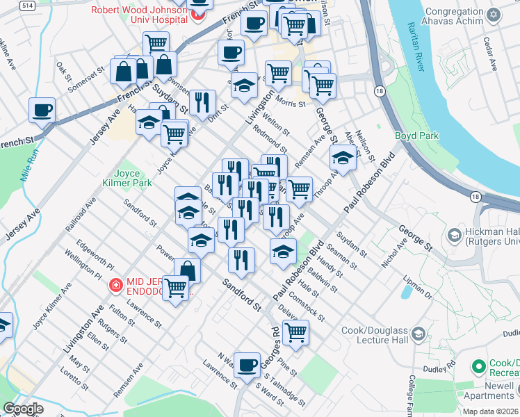 map of restaurants, bars, coffee shops, grocery stores, and more near 174 Handy Street in New Brunswick