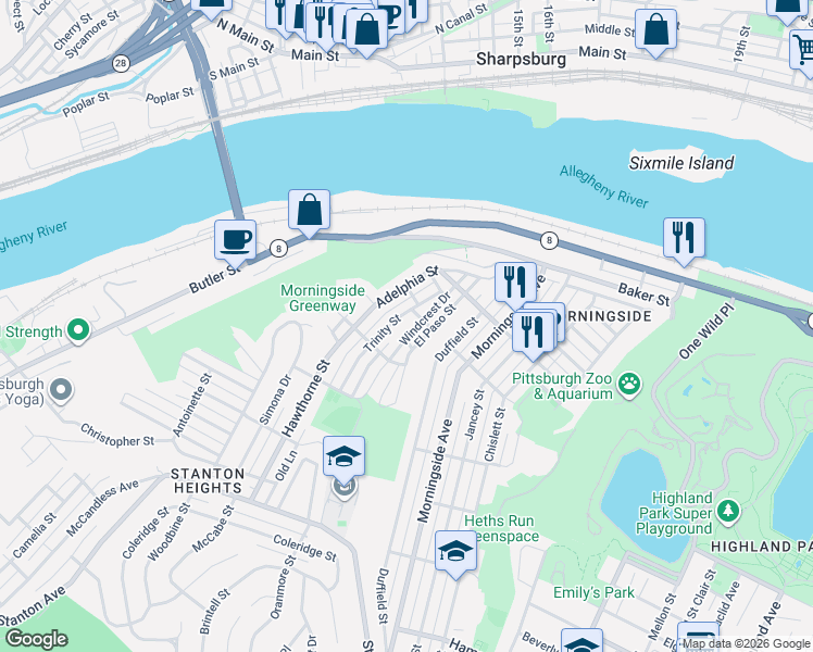 map of restaurants, bars, coffee shops, grocery stores, and more near 6512 Martha Street in Pittsburgh