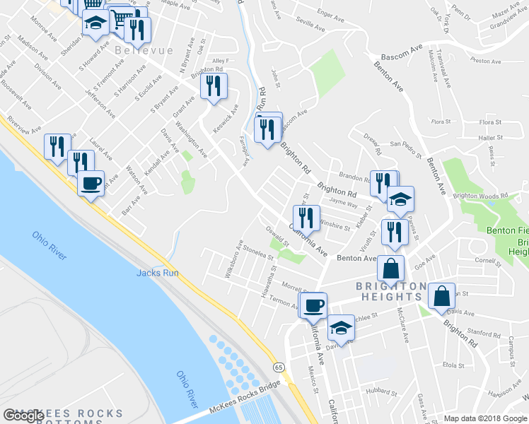 map of restaurants, bars, coffee shops, grocery stores, and more near 4023 California Avenue in Pittsburgh