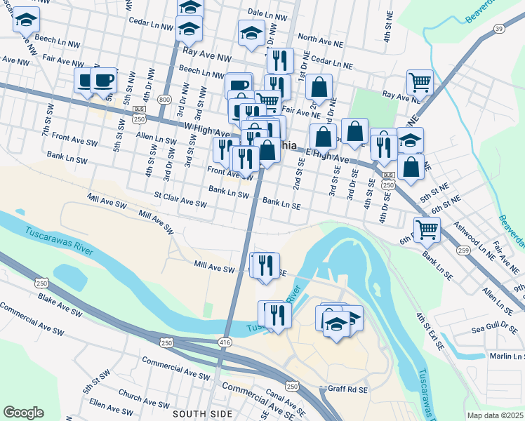 map of restaurants, bars, coffee shops, grocery stores, and more near 230 1st Drive Southeast in New Philadelphia