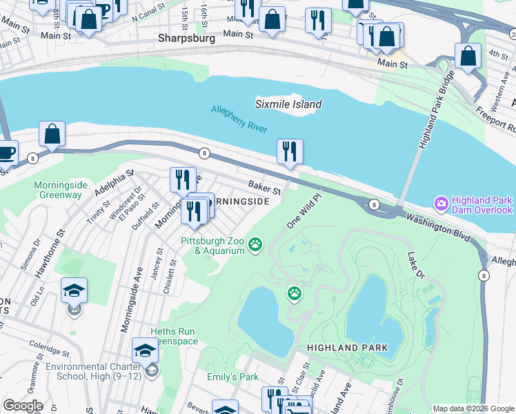map of restaurants, bars, coffee shops, grocery stores, and more near 1944 Antietam Street in Pittsburgh