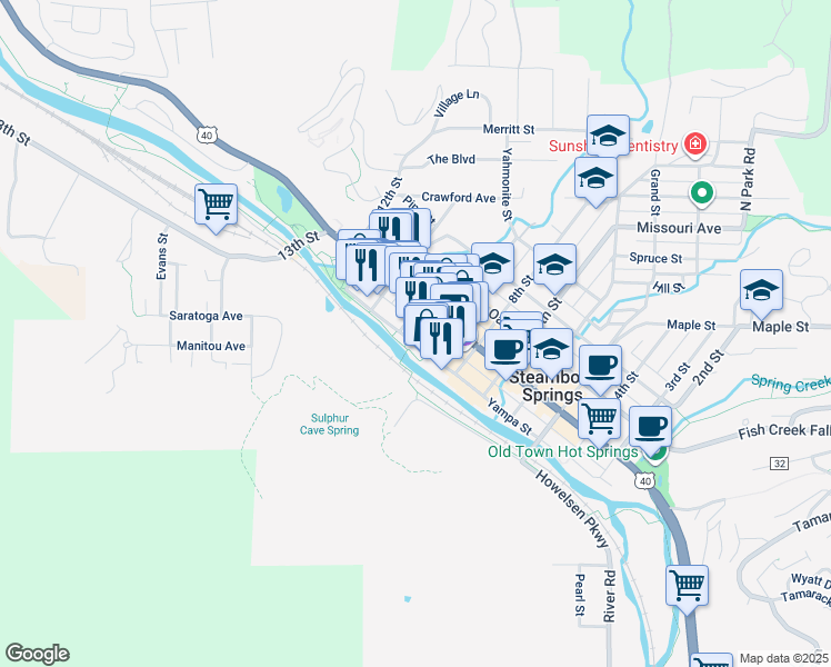 map of restaurants, bars, coffee shops, grocery stores, and more near 4 10th Street in Steamboat Springs