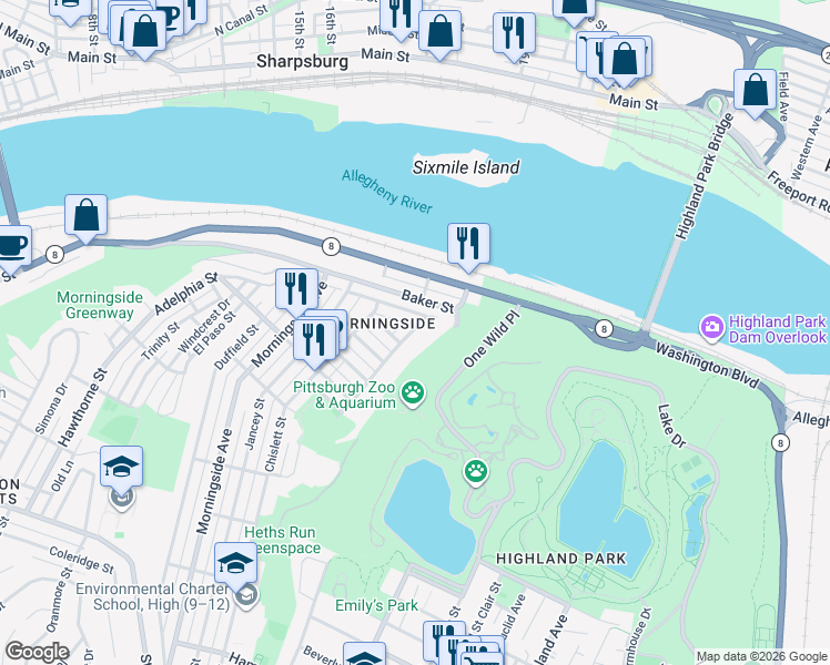 map of restaurants, bars, coffee shops, grocery stores, and more near 1952 Antietam Street in Pittsburgh