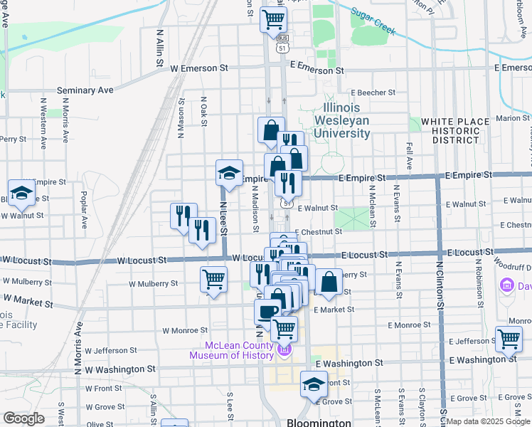 map of restaurants, bars, coffee shops, grocery stores, and more near 816 North Center Street in Bloomington