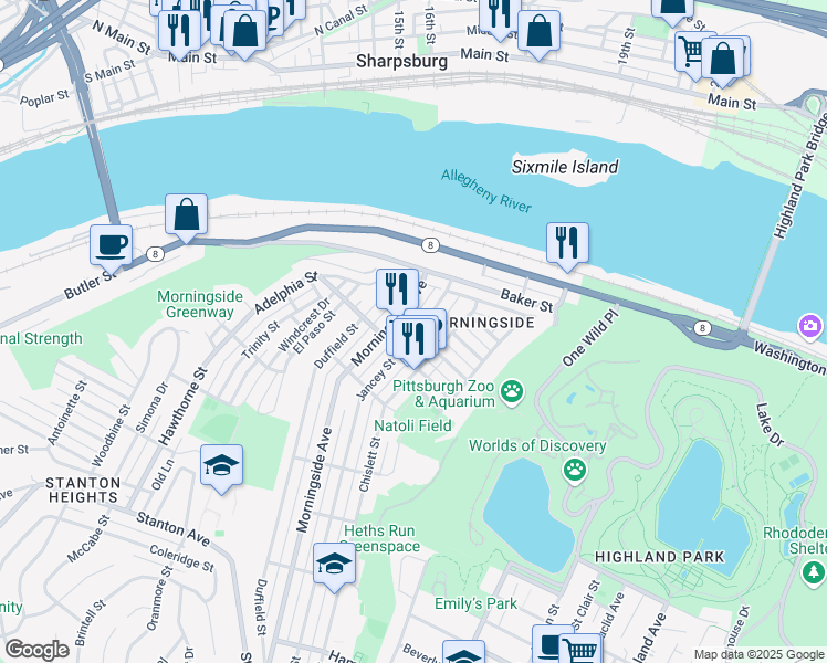 map of restaurants, bars, coffee shops, grocery stores, and more near 1821 Jancey Street in Pittsburgh
