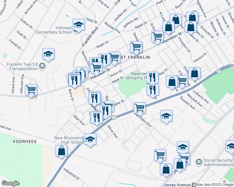 map of restaurants, bars, coffee shops, grocery stores, and more near 18A Parkside Street in Franklin Township