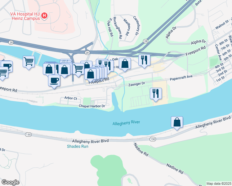 map of restaurants, bars, coffee shops, grocery stores, and more near 100 Vista Circle in Pittsburgh
