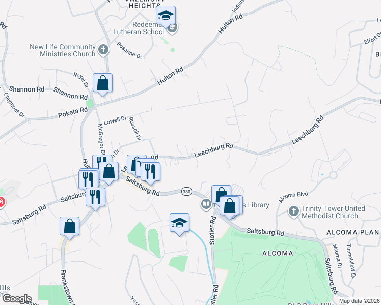 map of restaurants, bars, coffee shops, grocery stores, and more near 6353 Leechburg Road in Verona