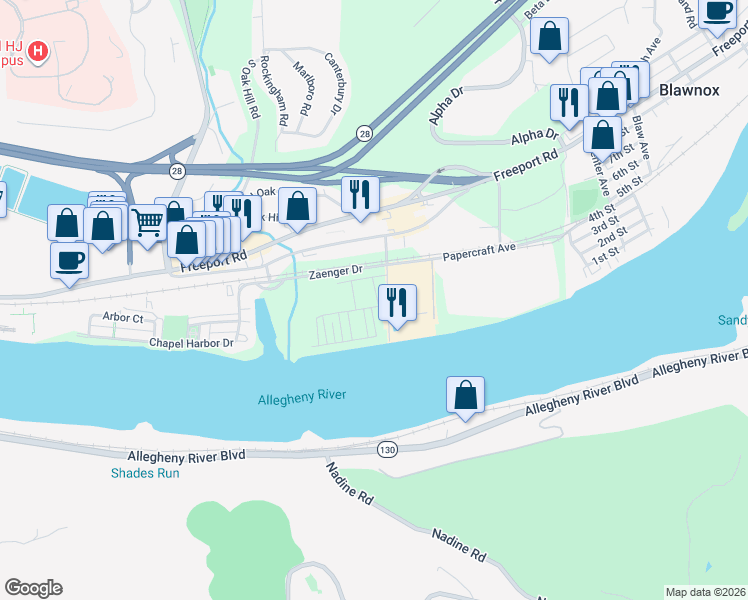 map of restaurants, bars, coffee shops, grocery stores, and more near 501 Riverfront Drive in Pittsburgh