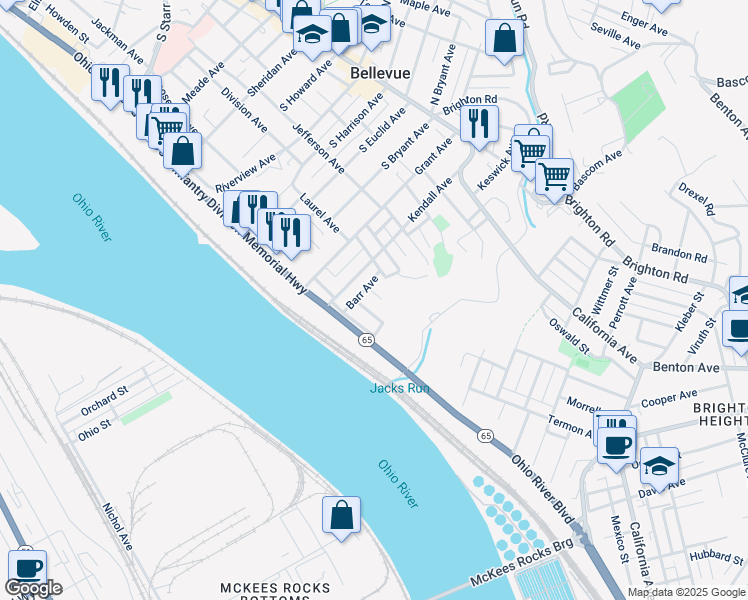 map of restaurants, bars, coffee shops, grocery stores, and more near 63 Longmore Avenue in Pittsburgh