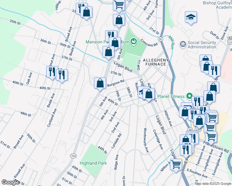map of restaurants, bars, coffee shops, grocery stores, and more near 3901 5th Avenue in Altoona