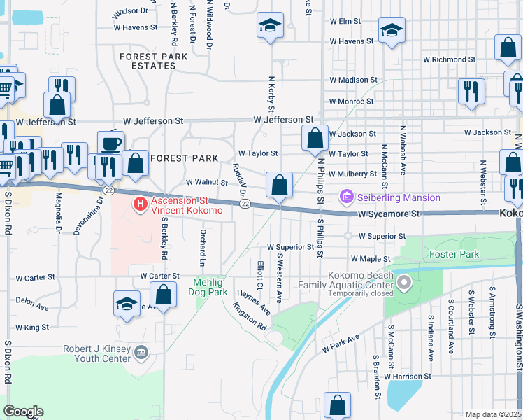 map of restaurants, bars, coffee shops, grocery stores, and more near 1523 West Sycamore Street in Kokomo