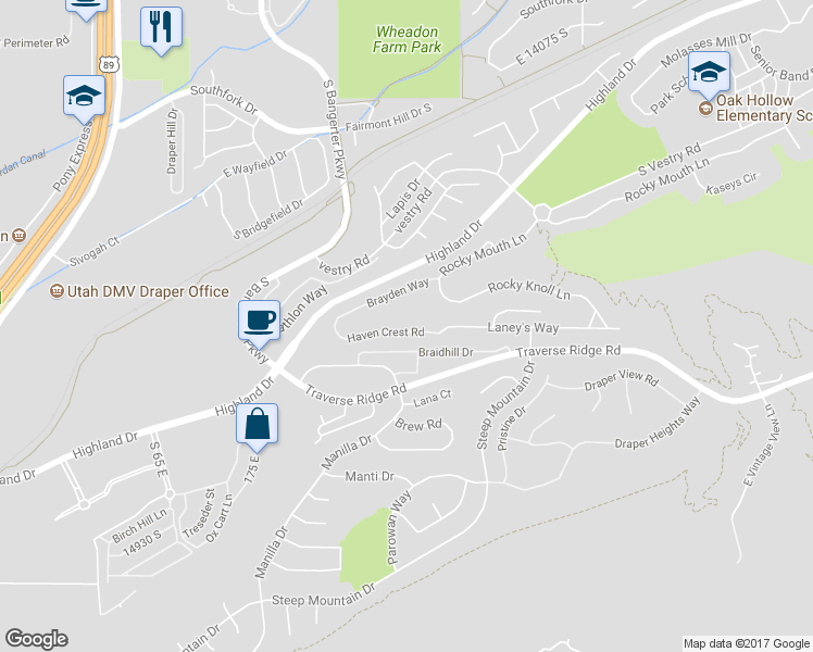 map of restaurants, bars, coffee shops, grocery stores, and more near 409 Haven Crest Road in Draper