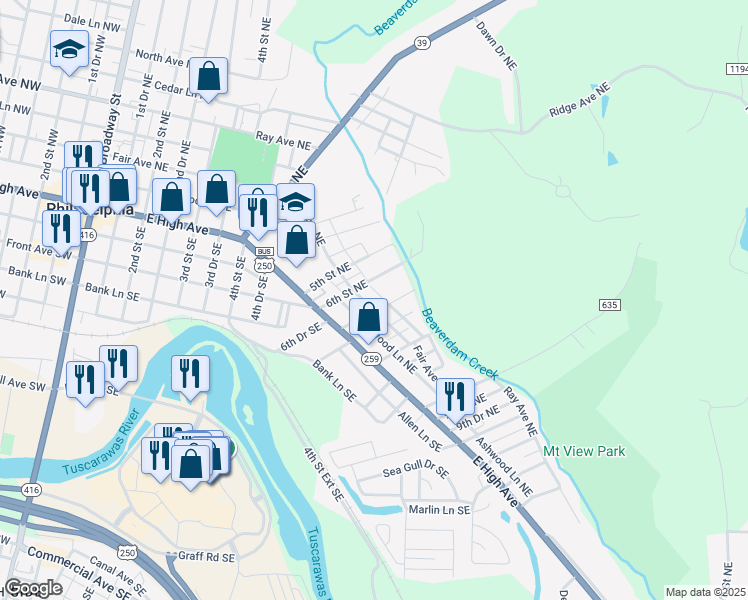 map of restaurants, bars, coffee shops, grocery stores, and more near 625 Fair Avenue Northeast in New Philadelphia