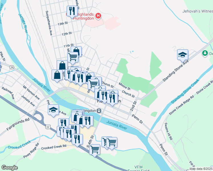 map of restaurants, bars, coffee shops, grocery stores, and more near 422 Church Street in Huntingdon