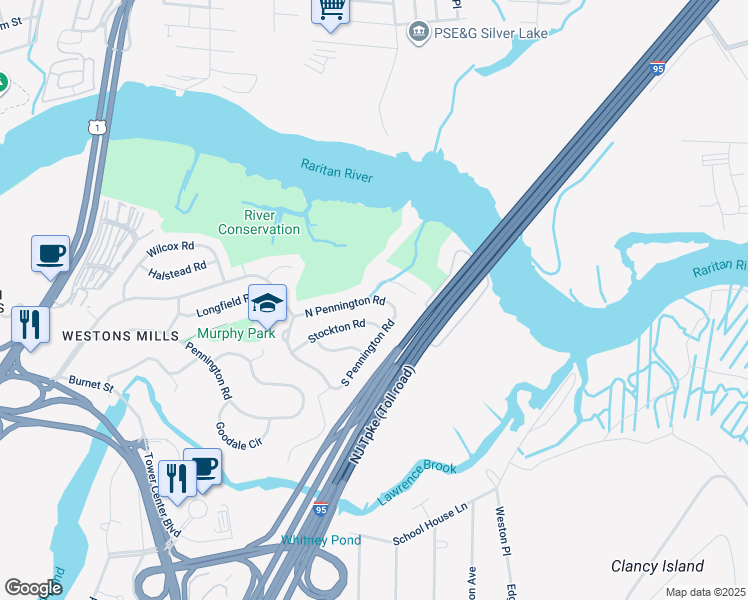 map of restaurants, bars, coffee shops, grocery stores, and more near 29 N Pennington Rd in New Brunswick
