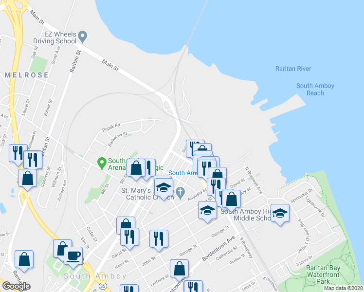 map of restaurants, bars, coffee shops, grocery stores, and more near 156 2nd Street in South Amboy
