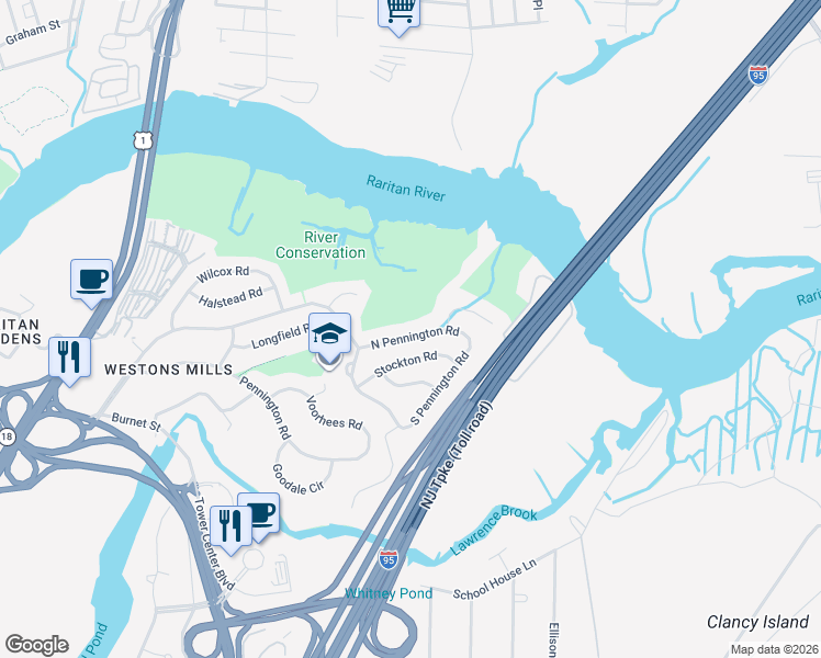 map of restaurants, bars, coffee shops, grocery stores, and more near 18 North Pennington Road in New Brunswick
