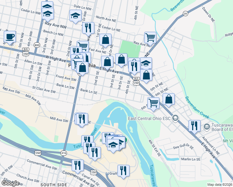 map of restaurants, bars, coffee shops, grocery stores, and more near 322 Front Ave SE in New Philadelphia
