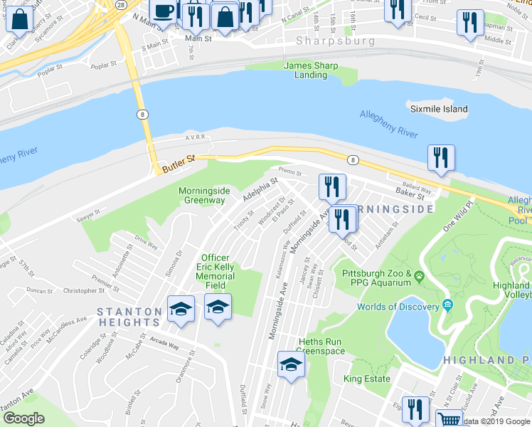 map of restaurants, bars, coffee shops, grocery stores, and more near 6512 Martha Street in Pittsburgh