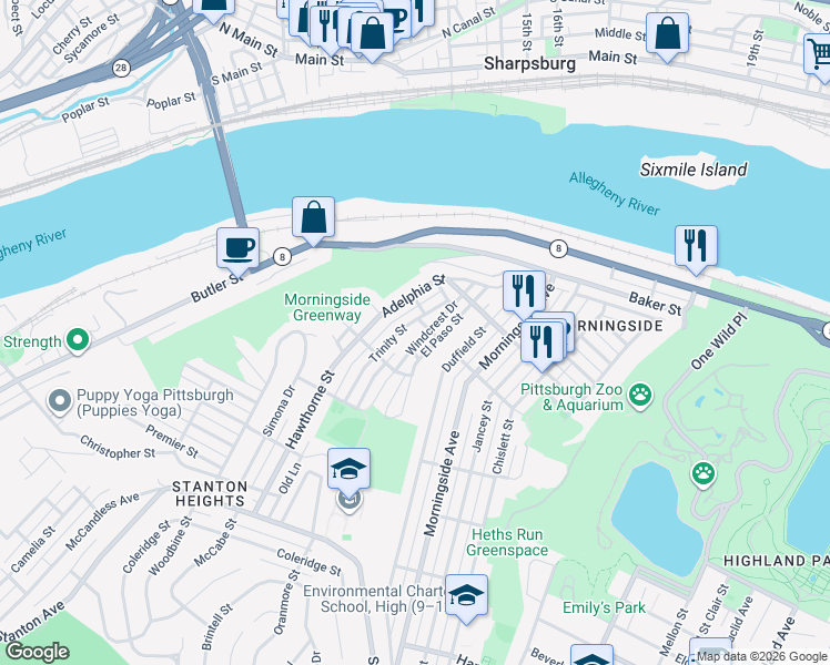 map of restaurants, bars, coffee shops, grocery stores, and more near 6512 Martha Street in Pittsburgh