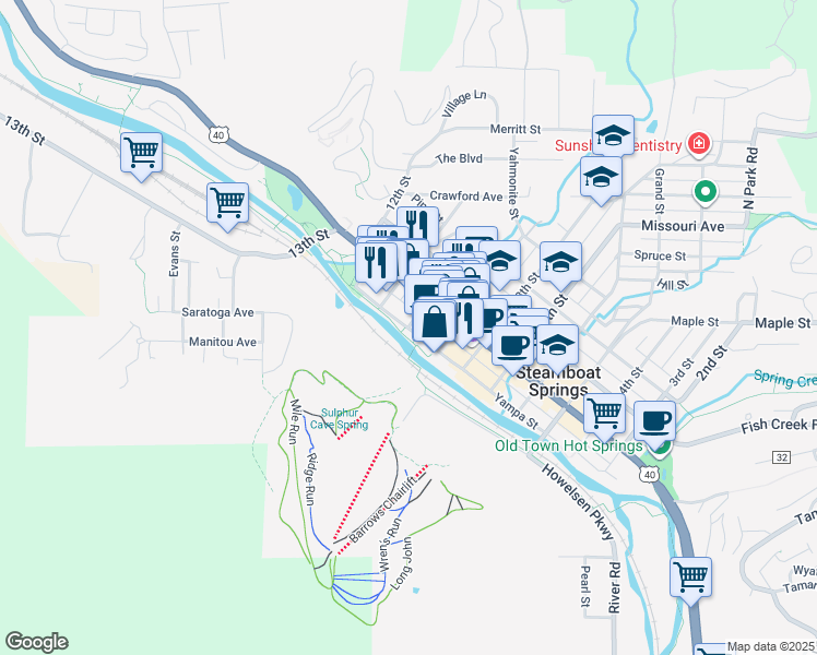 map of restaurants, bars, coffee shops, grocery stores, and more near 4 10th Street in Steamboat Springs
