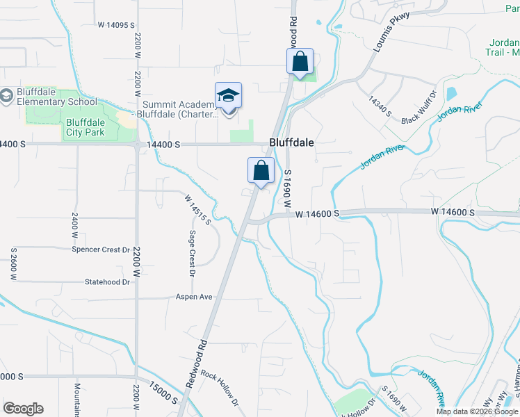 map of restaurants, bars, coffee shops, grocery stores, and more near 14576 South Elora Circle in Bluffdale