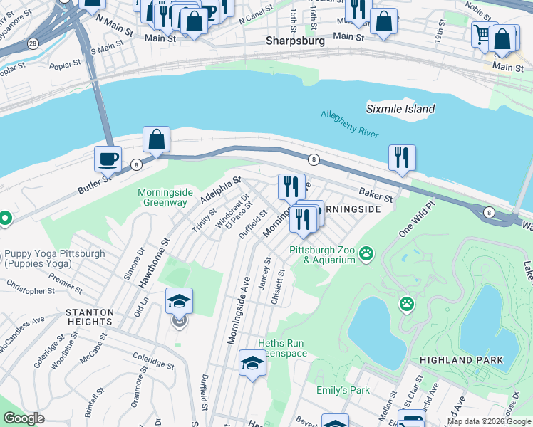 map of restaurants, bars, coffee shops, grocery stores, and more near in Pittsburgh
