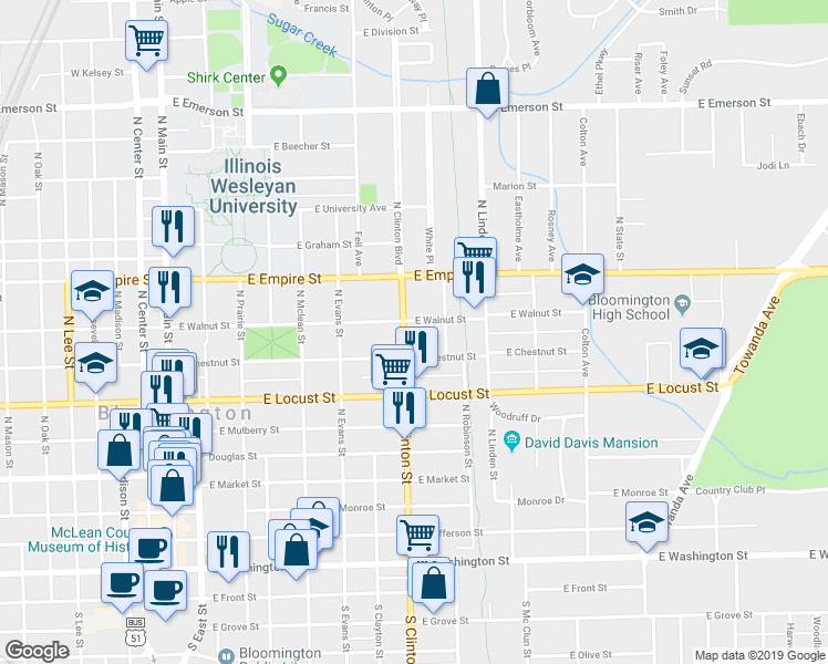 map of restaurants, bars, coffee shops, grocery stores, and more near 703 East Walnut Street in Bloomington