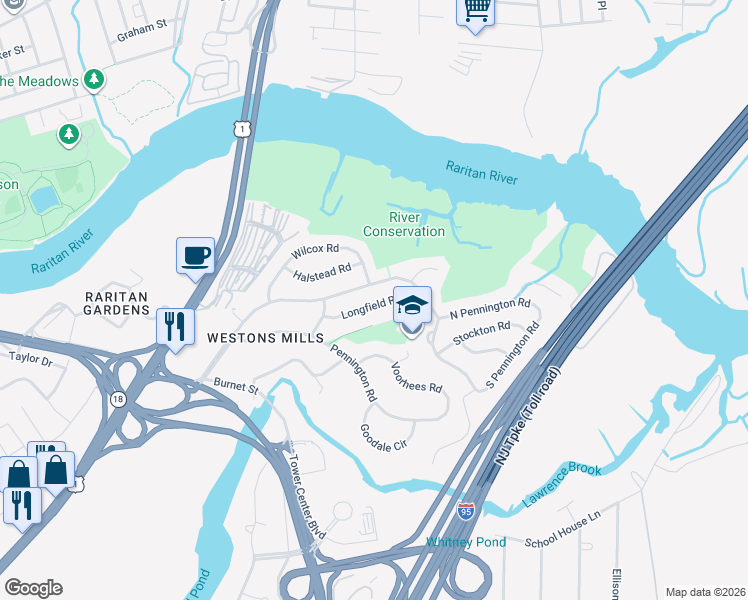 map of restaurants, bars, coffee shops, grocery stores, and more near 22 Longfield Road in New Brunswick