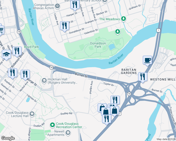 map of restaurants, bars, coffee shops, grocery stores, and more near 9 Carpender Road in New Brunswick