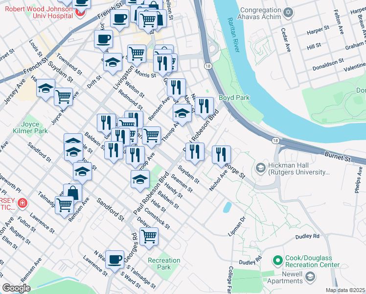 map of restaurants, bars, coffee shops, grocery stores, and more near 96 Commercial Avenue in New Brunswick