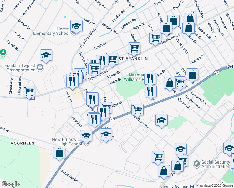 map of restaurants, bars, coffee shops, grocery stores, and more near 18A Parkside Street in Franklin Township
