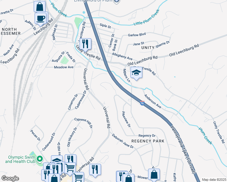 map of restaurants, bars, coffee shops, grocery stores, and more near 323 Boulder Drive in Plum