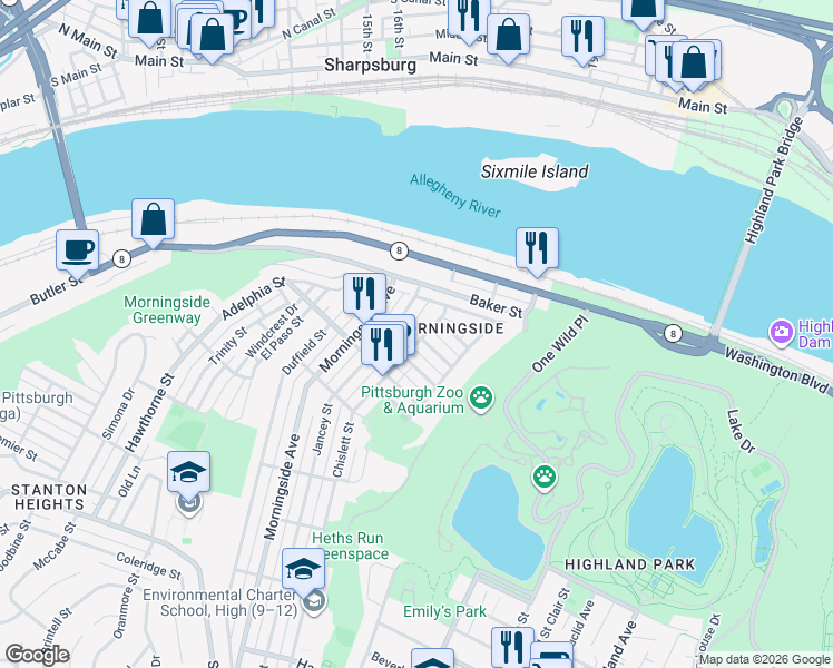 map of restaurants, bars, coffee shops, grocery stores, and more near 1849 Chislett Street in Pittsburgh