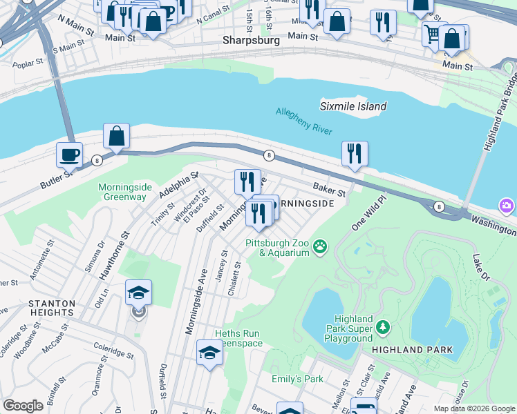 map of restaurants, bars, coffee shops, grocery stores, and more near 1821 Jancey Street in Pittsburgh