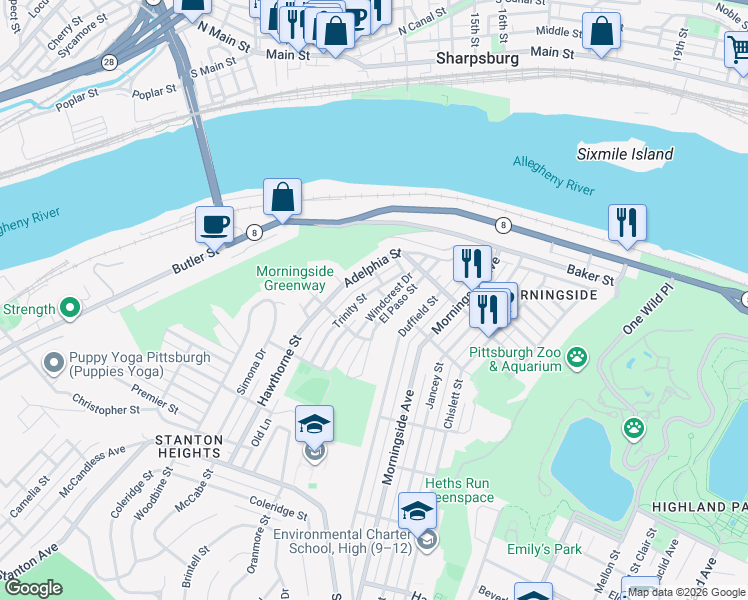 map of restaurants, bars, coffee shops, grocery stores, and more near 6512 Martha Street in Pittsburgh