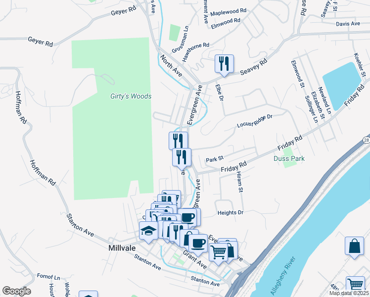 map of restaurants, bars, coffee shops, grocery stores, and more near 654 Evergreen Road in Pittsburgh